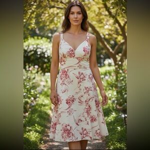 Willi Smith Floral Cotton Fit & Flare Dress Cream Red Size 10